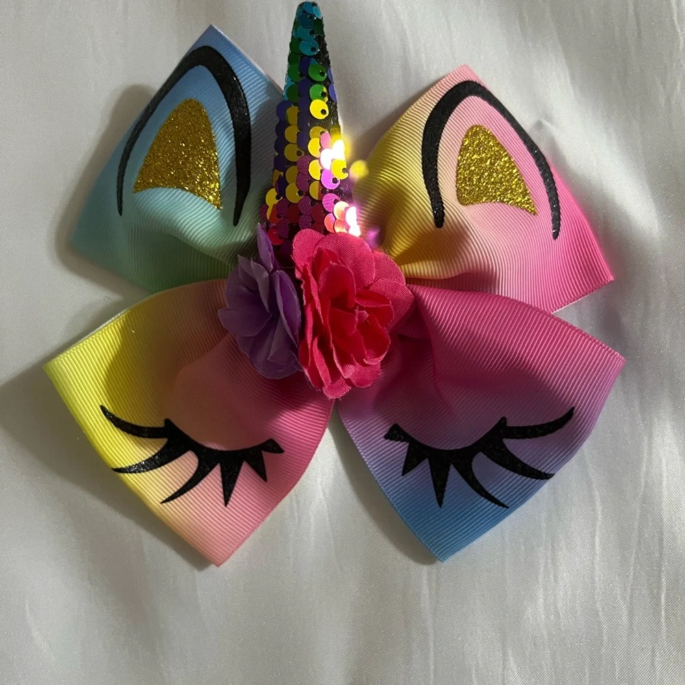 Colorful Girl Unicorn Hair Bow 6” inches